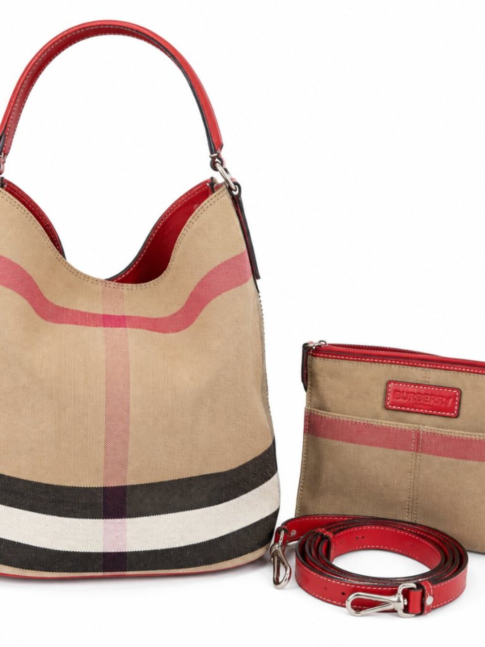 Burberry Ashby Check Canvas Bucket Bag Red Leather SHW + Pouch & Strap